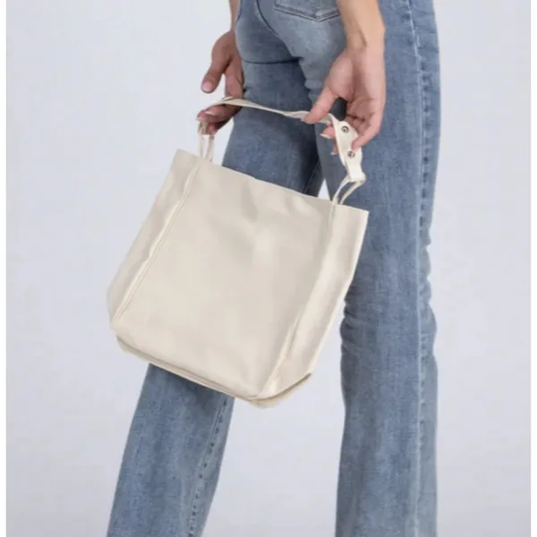 Simple Trendy Cream Vegan Leather Shoulder Bag Rivet Snap Closure‎ Minimalist - Image 3