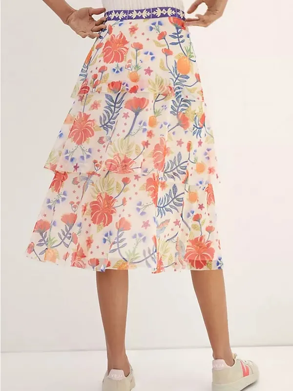 Farm Rio X Anthropologie Tiered Midi Skirt Women Small Cream Tropical Floral NWT - Image 4