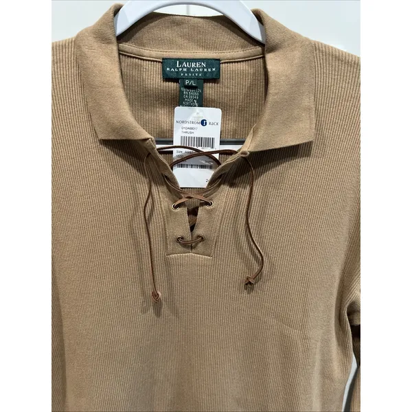 Vintage 90s Y2K Lauren Ralph Lauren Ribbed Polo Shirt Lace Up Camel Tan Heritage - Image 2