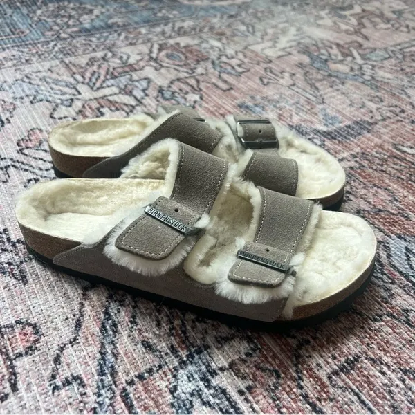Birkenstock Arizona Shearling Sandals Suede Stone Coin Size 8.5 US 39 - Image 3