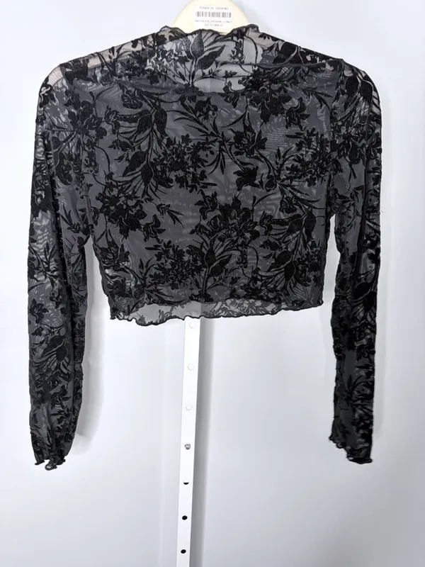 Black Floral Burnout Mesh Crop Top Sheer Long Sleeve Whimsigoth Y2K XL - Image 3