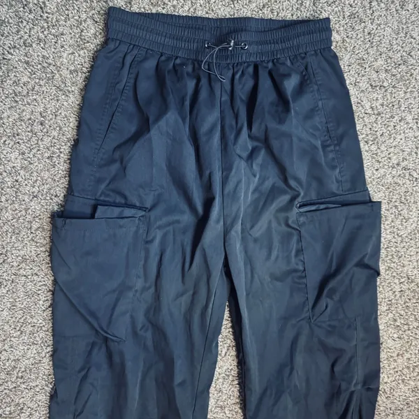 Womens Black Joggers Cargo Pants sz M drawstring elastic waist utility grunge - Image 2