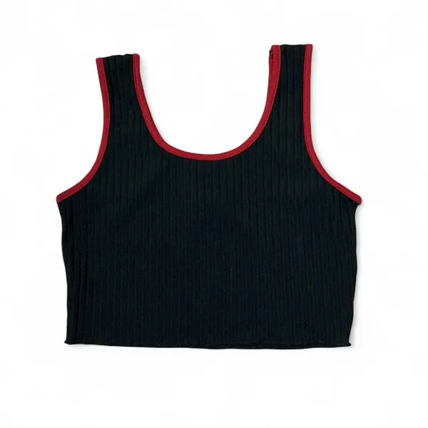 Y2K‎ Black Ribbed Crop Tank Top Red Trim Embroidered Mushroom Women's Size M - Image 2