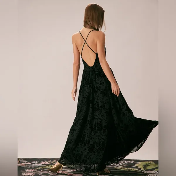 Rihoas Black Floral Flocked Mesh Slit Maxi Dress - Image 6