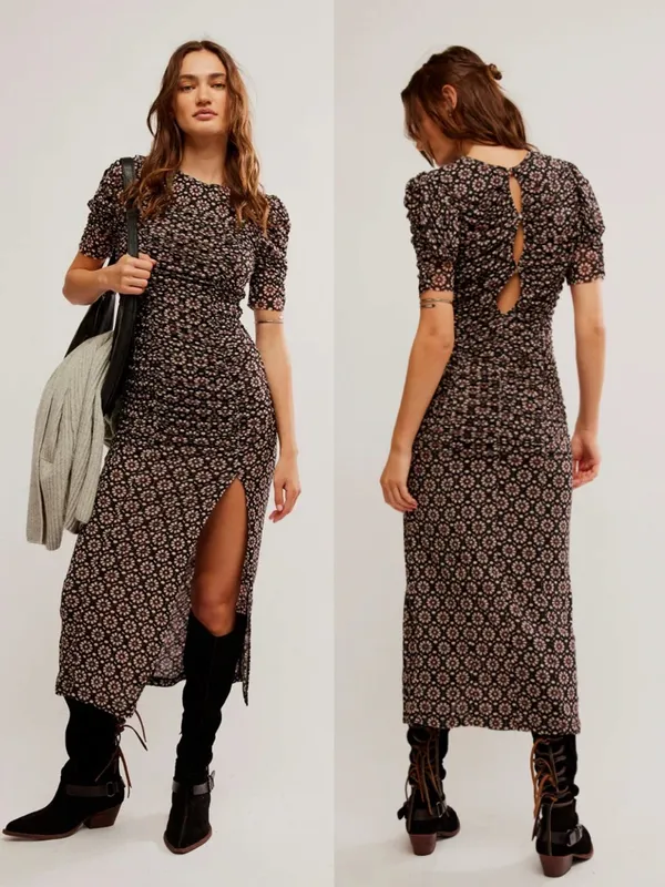 NWT Free People Briella Ruched Black‎ Purple Floral Combo Mesh Boho Midi Dress - Image 2