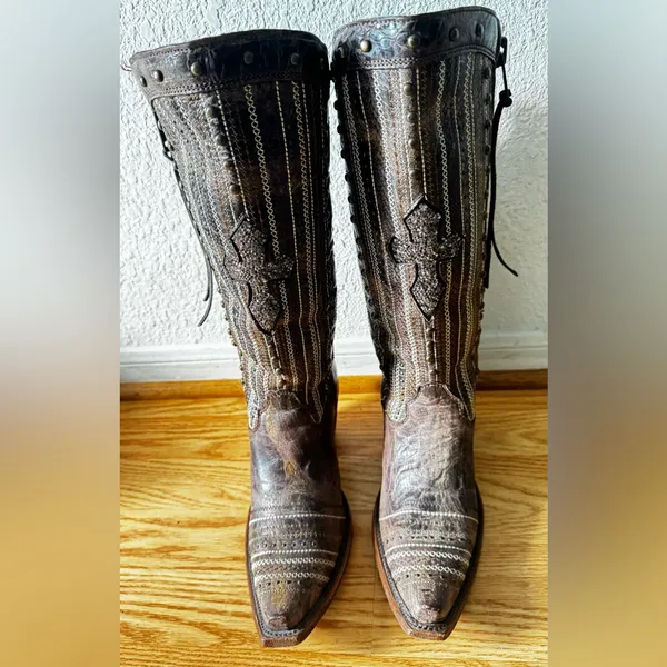Corral Distressed Brown Crystal Cross Stripes and Studs Tall Boot Size 7M - Image 2