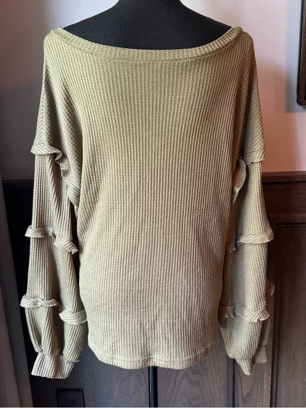 BTFBM Ruffled Sleeve V-Neck Knit Top — Olive large - Image 4
