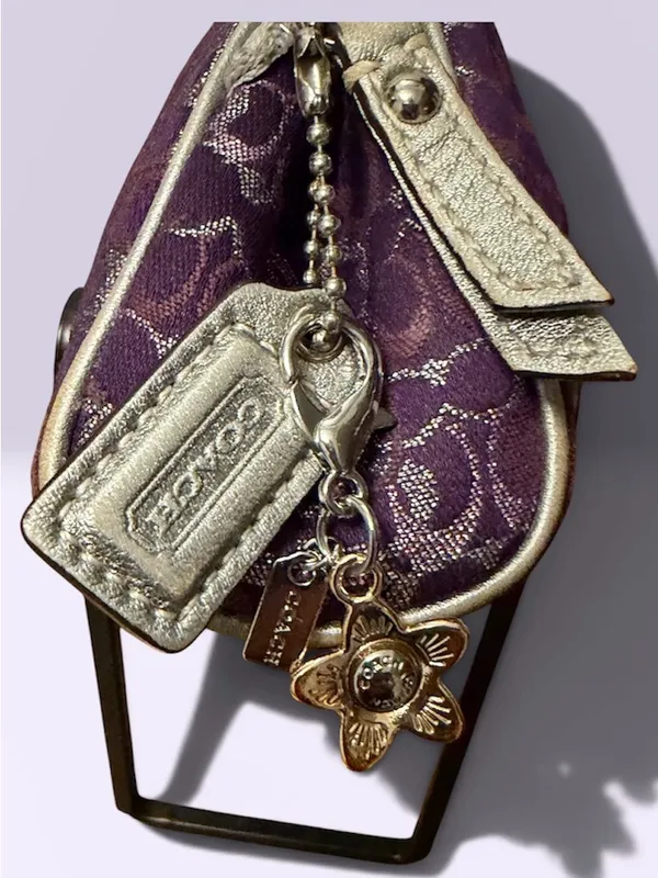 coach Purple Jacquard Cosmetic Case with Metallic Accents Coach charm added - Image 3