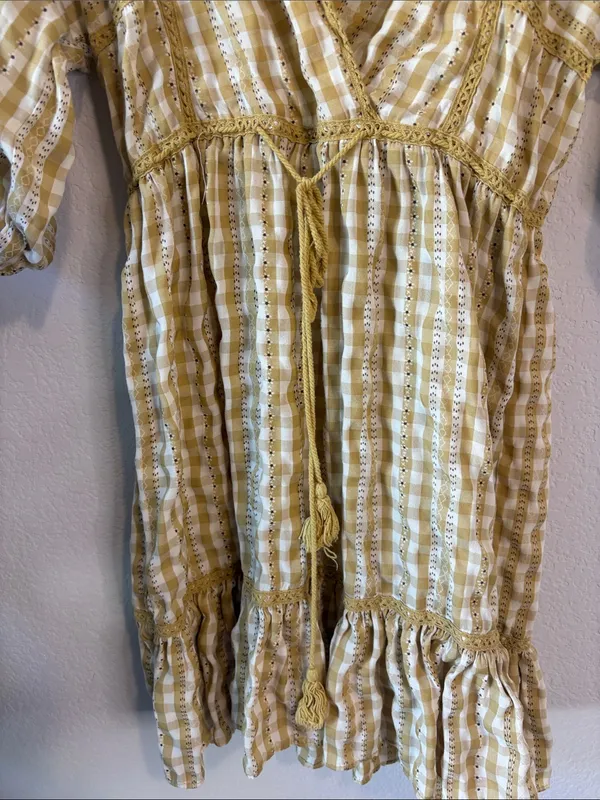 Max Studio Mustard Yellow Gingham V-Neck Tiered Dress with drawstring waist S - Image 3