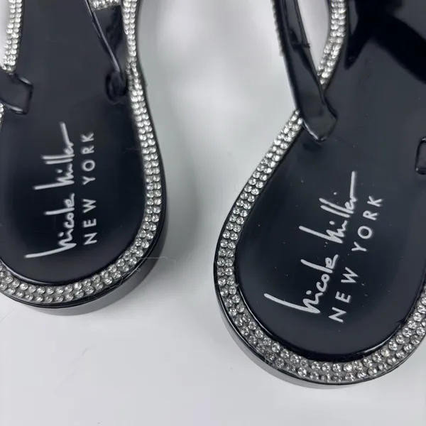 Nicole Miller New York Black Jelly Sandals Rhinestone Bow Bling Slide Size 8 - Image 3
