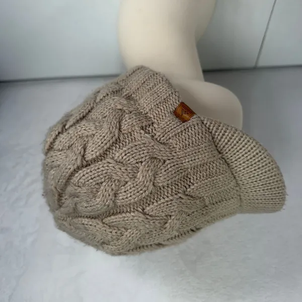Y2K Adidas OSFM Visor Beanie Tan Cable Knit Fleece Lined Leather Logo Hat - Image 2