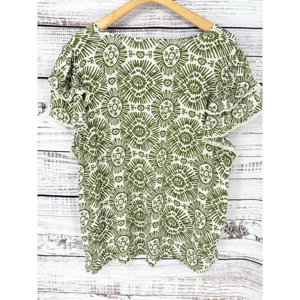 Haute Hippie‎ Flutter Sleeve Boho Blouse Women's 2X Green Sunburst Crochet Rayon - Image 5