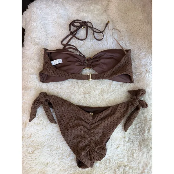Fiory Beach & Street Brown Crochet Knit Bikini Set Bandeau Top Side Tie Bottom L - Image 6