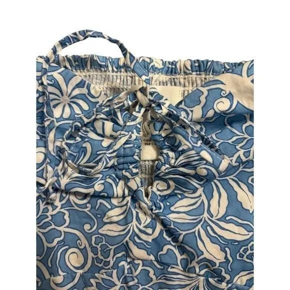 Japna Blue‎ White Floral Smocked Square Neck Crop Top Puff Sleeve Tie Front Sz M - Image 6