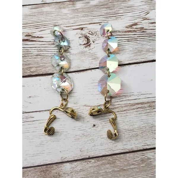 Vintage Clip On Earrings Chunky Clear/Iridescent Long - Fair Condition - Image 7
