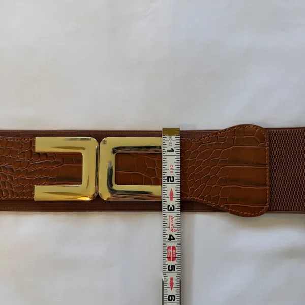 Brown Elastic Cinch Belt‎ Gold Interlocking Buckle Faux Croc Wide 1X - Image 4