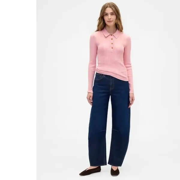 Gap Womens Size Small Ribbed Polo T-Shirt Henley Pink Heather Long Sleeve Ribbed - Image 3