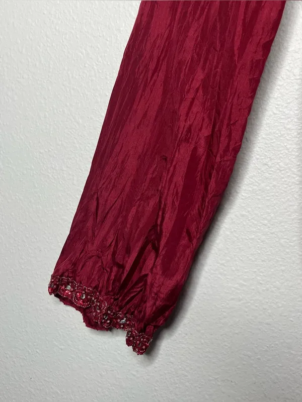 Vintage Red Textured Silk Beaded Neckline Babydoll Top Vampy Y2K Fairy Blouse - Image 6