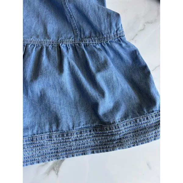 LOFT Women L Denim Chambray Tie Neck Wide Sleeve Tiered Drop Waist Dress Cotton - Image 10