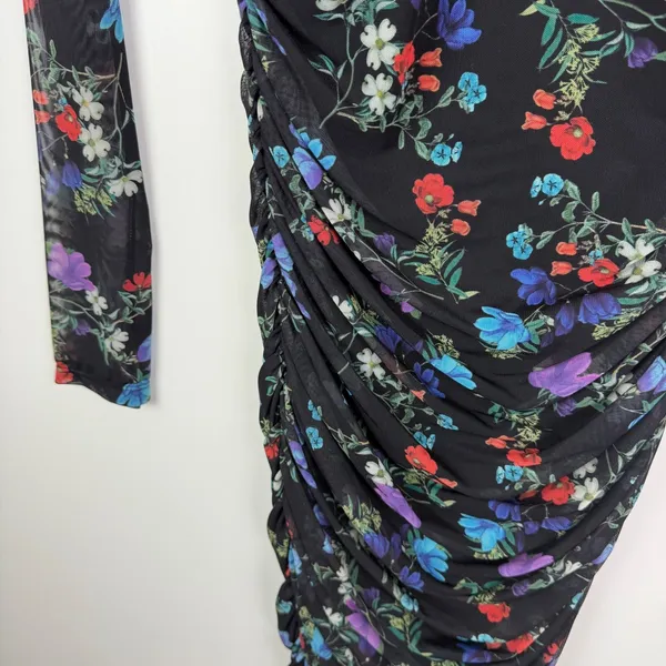 Alice + Olivia Delora Floral Black Mesh Ruched Turtleneck Dress Size 4 Romantic‎ - Image 5