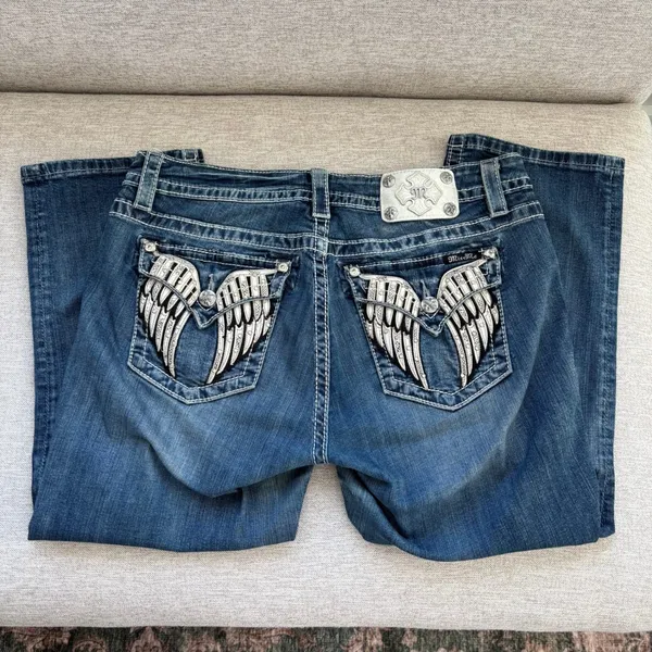 Vintage Miss Me Denim Capri Jeans 32 Angel Wing Embroidered Pockets Y2K Mcbling - Image 2