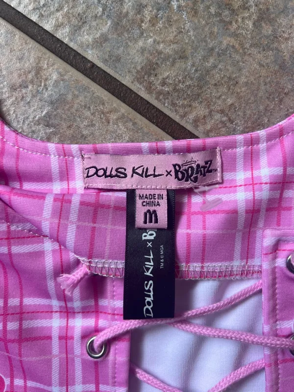 Dolls Kill Pink Plaid Lace-Up Crop Top with Bratz Heart Print - Image 5