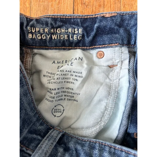 American Eagle Super High Rise Baggy Wide Leg Jeans Medium Wash Cut Off Hem 0 S - Image 3