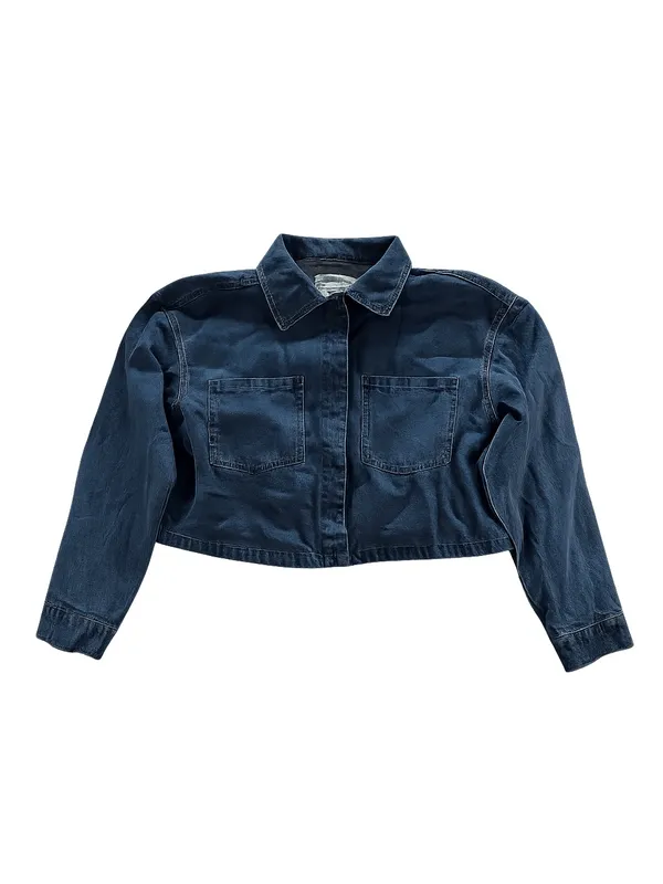 Ultra Flirt Denim Overshirt Women’s Large Cropped Blue Snap Front Shirt Jacket - Image 3