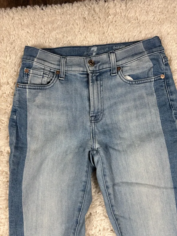 7 For All Mankind Roxanne Ankle Jeans 27 Two Tone Tuxedo Stripe Raw Hem - Image 2
