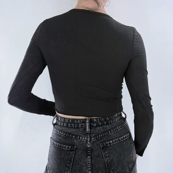 SheIn Women’s Black Ribbed Long Sleeve Button Down Crop Top Size XS - Image 2