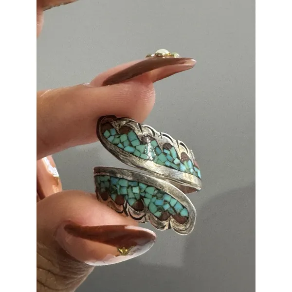 Sterling Silver Native American Navajo 925 Turquoise & Coral Inlay Wrap Ring Lb - Image 8