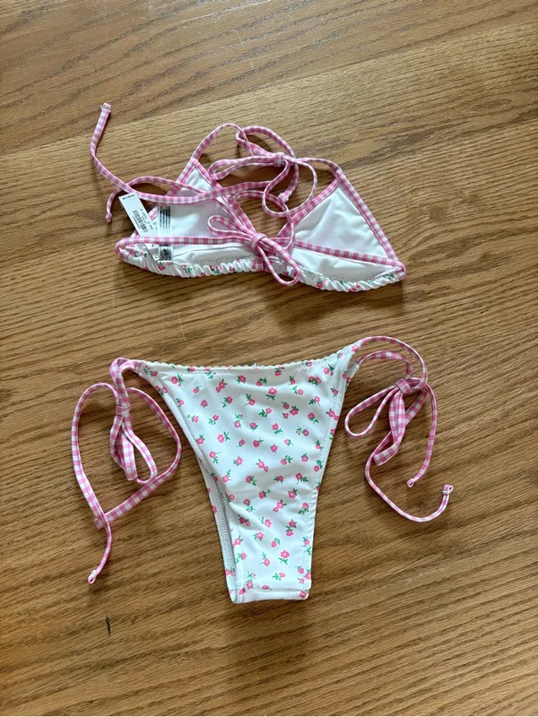Frankie's Bikinis White Swim Top & Bottom with Pink Gingham Trim - Image 3