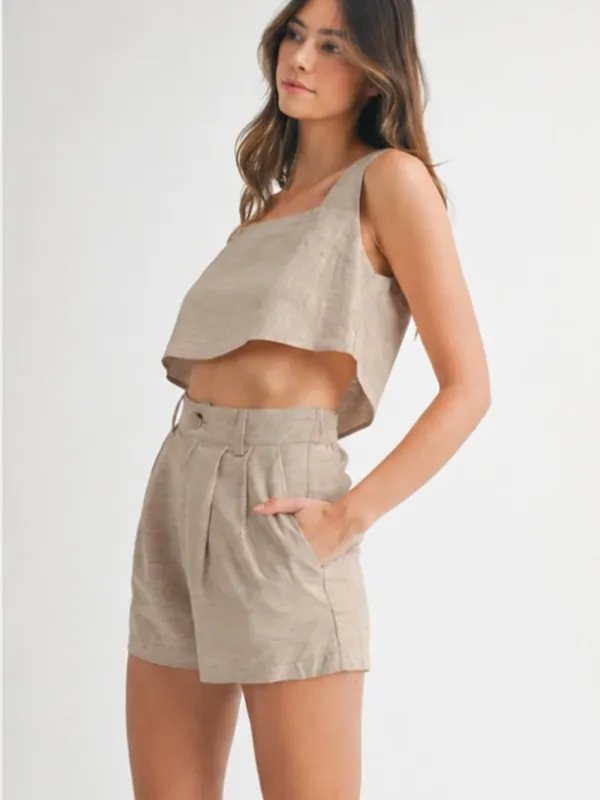 MABLE 2 Piece Matching Set - Sleeveless Crop Square Neck Tank Top & Shorts Tan L - Image 2