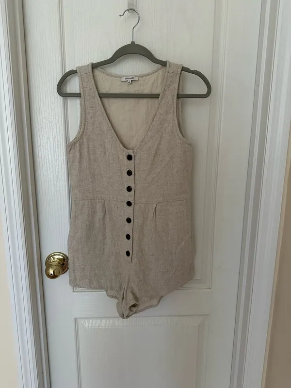 Madewell V-Neck Button Down Romper Womens Linen Blend Sleeveless Beige, Sz 00 - Image 10