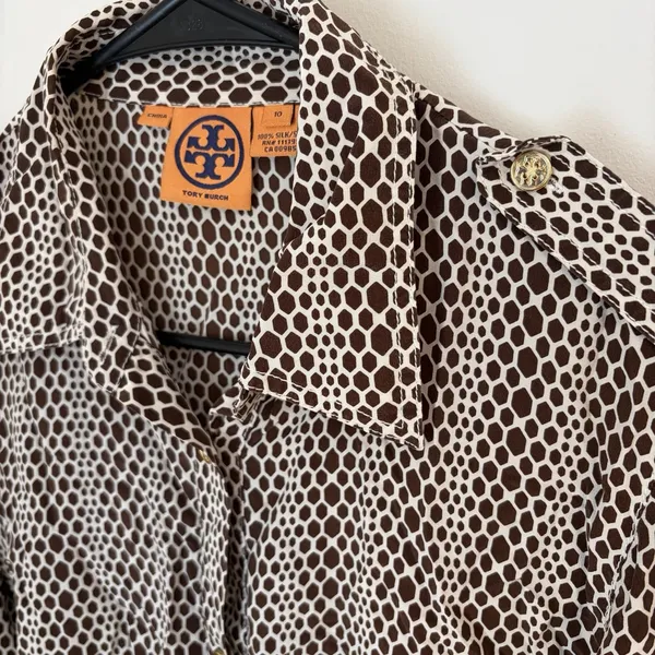 Tory Burch Button Front Silk Blouse Cream Brown Long Sleeve Sz 10 Career Brunch - Image 6
