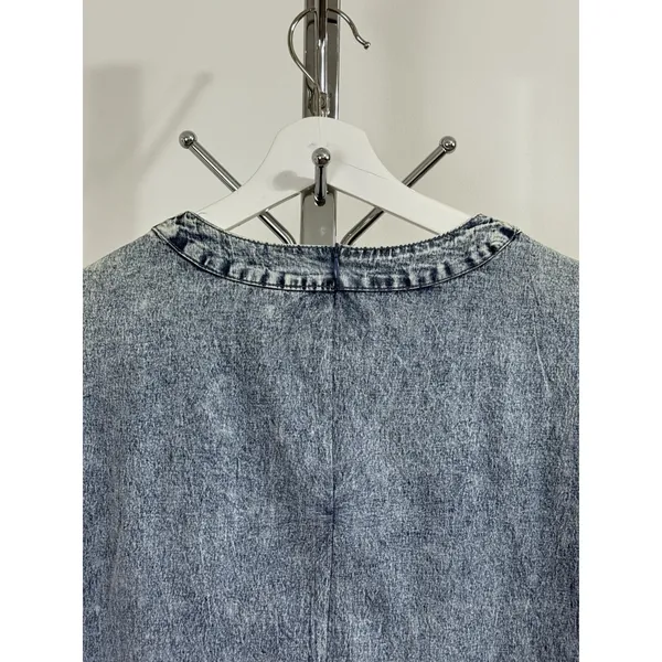 Vintage LALA FACTORY Acid Wash Pearl Beaded Sleeve Denim Mini Shift Dress Size S - Image 7