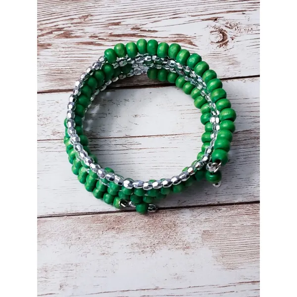 Vintage Wrap Bracelet / Bangle Green & Silver Tone - Image 4