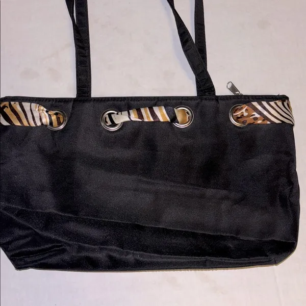Black Nylon Tote/Shoulder Bag Tie Interwoven Thru Bag 3 Compartments One Zipper - Image 5