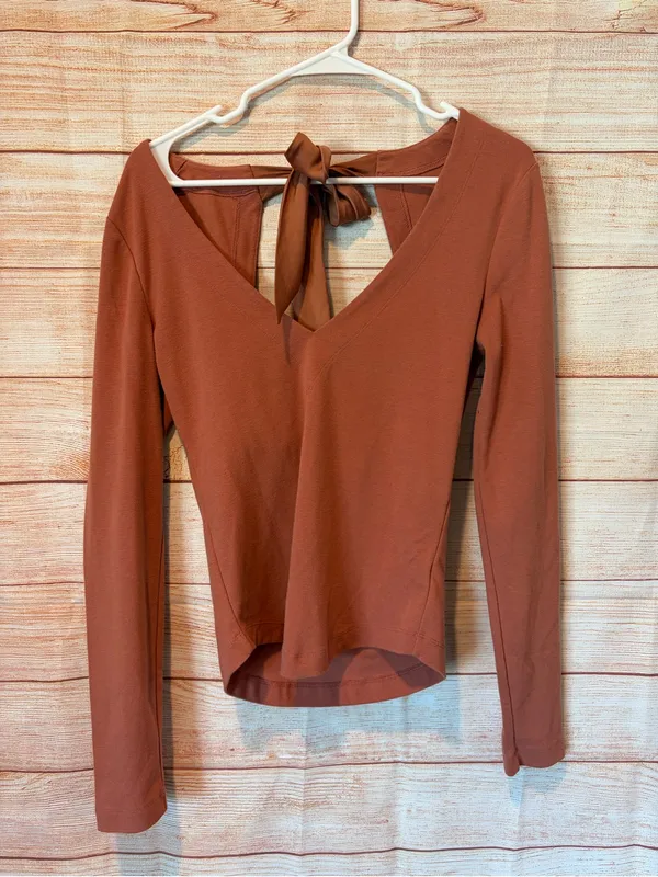 Free People Rust Long Sleeve V-Neck Top with Back Tie adorable - Image 2
