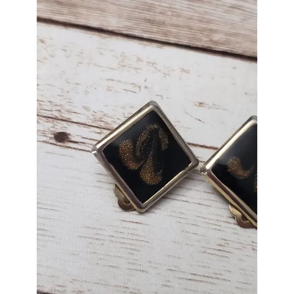 Vintage Clip On Earrings Diamond Shape Black with Dark Gold Pattern 7/8" - Image 2