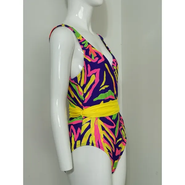 Vintage La Blanca 80s 90s One Piece Swimsuit Women’s Size 14 Neon Abstract Belt - Image 2