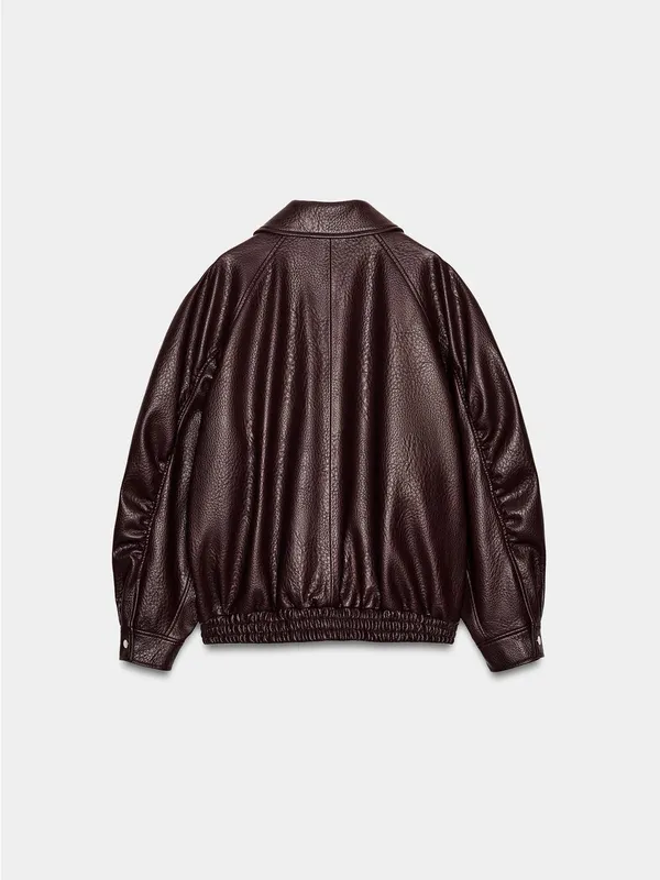 Zara Dark Brown Oversized Faux-Leather Bomber Jacket - Image 7