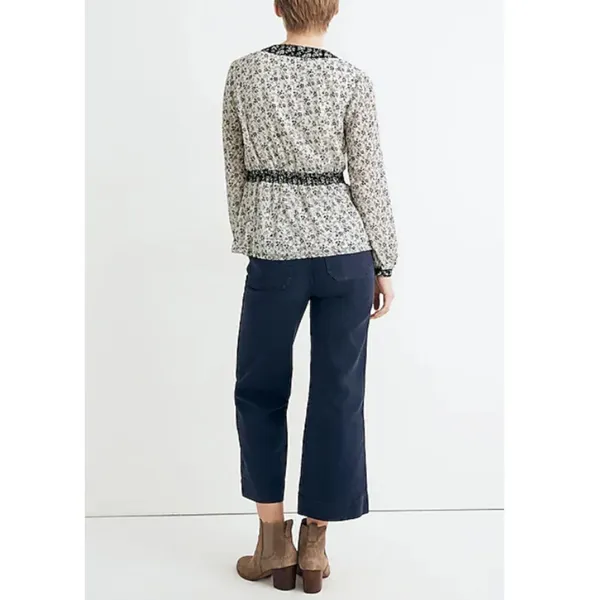 Madewell Floral Clipdot Peplum Top Womens Medium White Black V-Neck Long Sleeve - Image 2