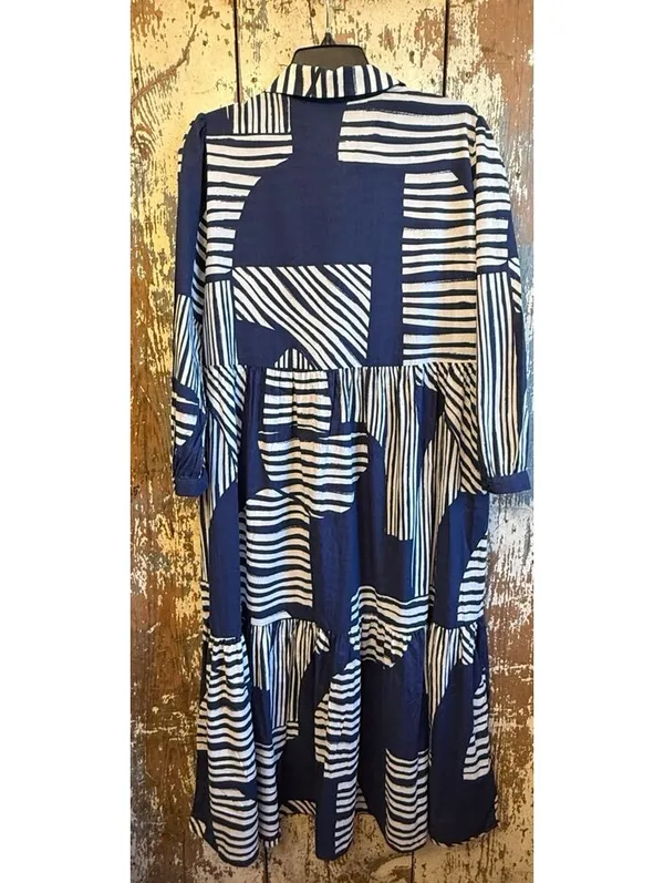 ZARA Blue & White Striped maxi Tiered Button-Up shirt Dress large - Image 6