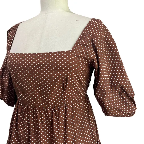 Faithfull the Brand Eryn‎ Mini Dress Brown & White Polka Dot Puff Sleeve Sz 4 - Image 4
