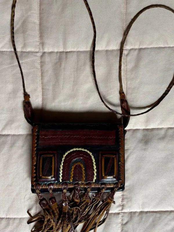 Vtg Handmade Tuareg Leather Fringe Crossbody Bag - African Tribal Boho Festival - Image 2