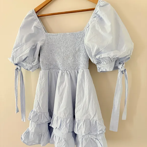 Showpo Chelle Shirred Mini Dress Tie Sleeve 8 Ice Blue Smocked Ruffle Cotton - Image 3