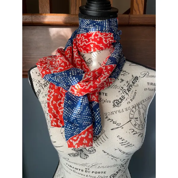 Bill Blass Vintage Silk Scarf Red White Blue Striped‎ Geometric Signature Print - Image 2