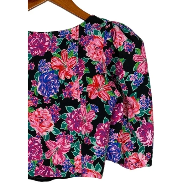 NWT ZARA Floral Cropped Top Plunging Neck Puff Half Sleeves S Black Pink Purple - Image 7