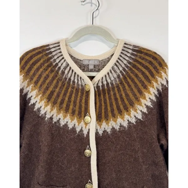 J.CREW Cardigan Brown Brushed Yarn Fair Isle Alpaca Wool Sweater Fuzzy Large - Image 8